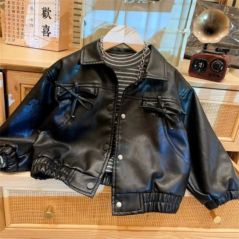 Baby Girl PU Leather Turn Down Collar Outerwear Autumn Winter Fashion Warm Bow Pocket Jacket Korean Children's Casual Coat Baby Girl PU Leather Turn Down Collar Outerwear Autumn Winter Fashion Warm Bow Pocket Jacket Korean Children's Casual Coat