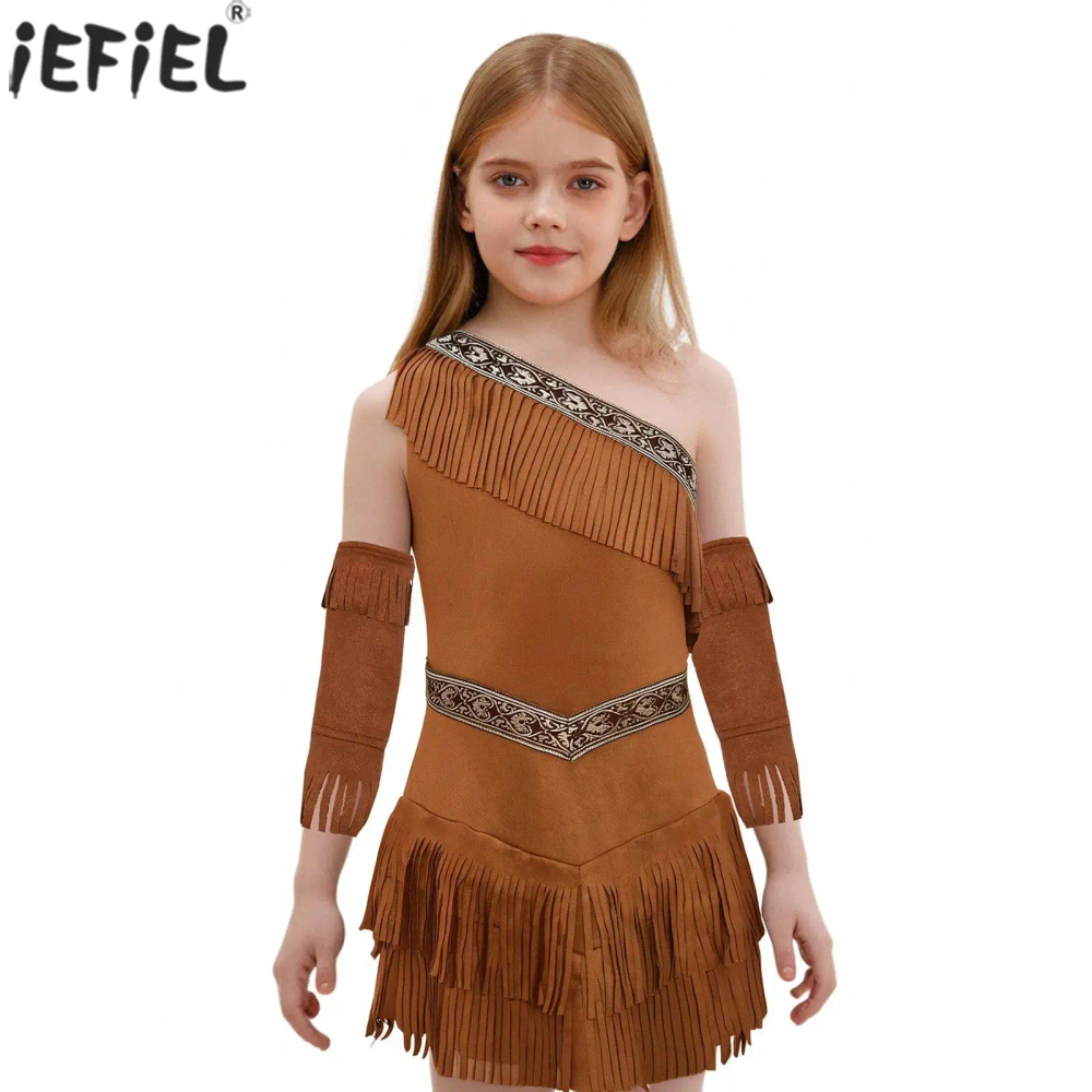 Kids Girls Native American Princess Cosplay Costume Halloween Fancy Party Dress Up One Shoulder Fringe Suede Dress with Sleeves Kids Girls Native American Princess Cosplay Costume Halloween Fancy Party Dress Up One Shoulder Fringe Suede Dress with Sleeves