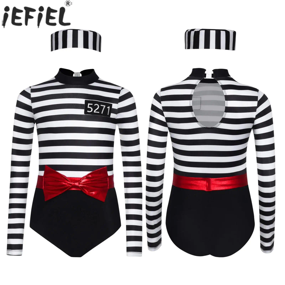 Teen Girls Halloween Prisoner Cosplay Bodysuit Long Sleeve Striped Jailbird Jumpsuit with Belt Convict Cap Criminal Costume Teen Girls Halloween Prisoner Cosplay Bodysuit Long Sleeve Striped Jailbird Jumpsuit with Belt Convict Cap Criminal Costume