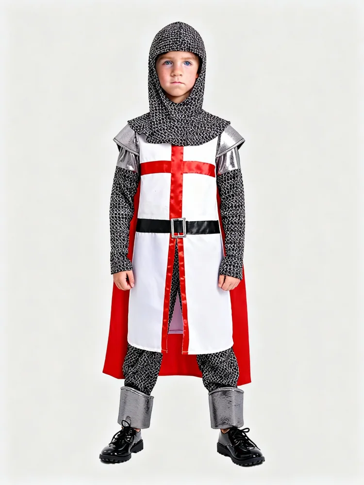 Kids Medieval Knight Templar Costume Halloween Crusader Warrior Outfit for Boys Cosplay Party Fancy Dress with Red Cloak Chainma Kids Medieval Knight Templar Costume Halloween Crusader Warrior Outfit for Boys Cosplay Party Fancy Dress with Red Cloak Chainma