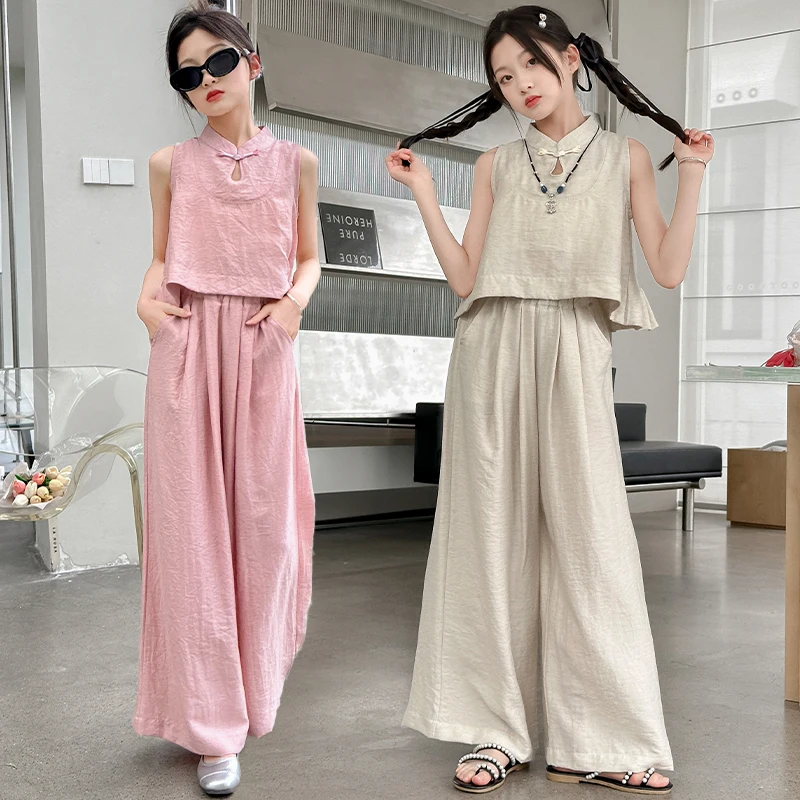 Chinese Style Children Clothes Girl Summer Sleeveless Tank Top and Wide Leg Pants Two Piece Set 2026 Loose Breathable Casual Chinese Style Children Clothes Girl Summer Sleeveless Tank Top and Wide Leg Pants Two Piece Set 2026 Loose Breathable Casual