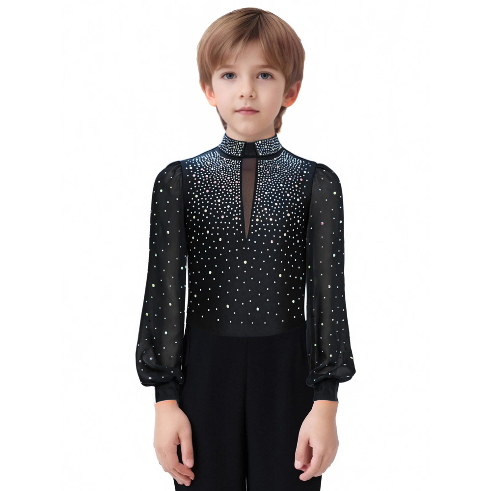 Boys Latin Tango Dance Shirt Leotard Long Sleeve Shiny Rhinestones Jumpsuit Ballroom Ballet Figure Skating Gymnastics Costume Boys Latin Tango Dance Shirt Leotard Long Sleeve Shiny Rhinestones Jumpsuit Ballroom Ballet Figure Skating Gymnastics Costume