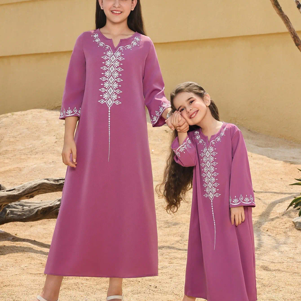 Purple Embroidered Long Dress With Geometric Pattern