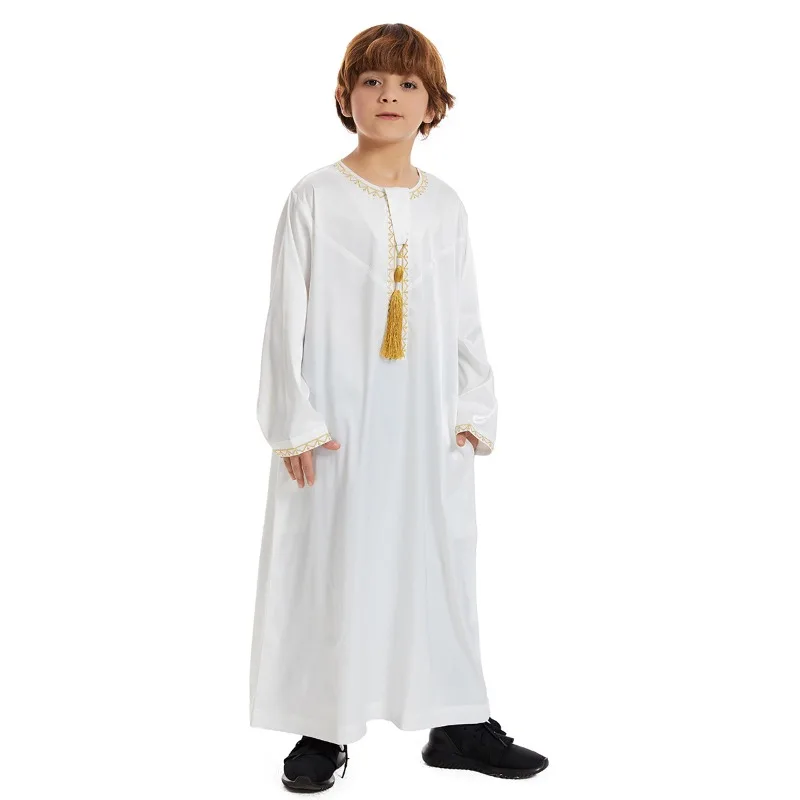 Boys Muslim Robe Pure Color Long Loose Arab Thobe Teen Islamic Clothing with Fringe