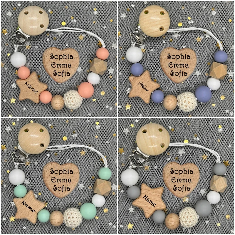 NEW Custom Name Handmade Personalized Beech Baby Pacifier Chain Clip Silicone Bead Holder with Name Teether Pendant Newborn Gift NEW Custom Name Handmade Personalized Beech Baby Pacifier Chain Clip Silicone Bead Holder with Name Teether Pendant Newborn Gift