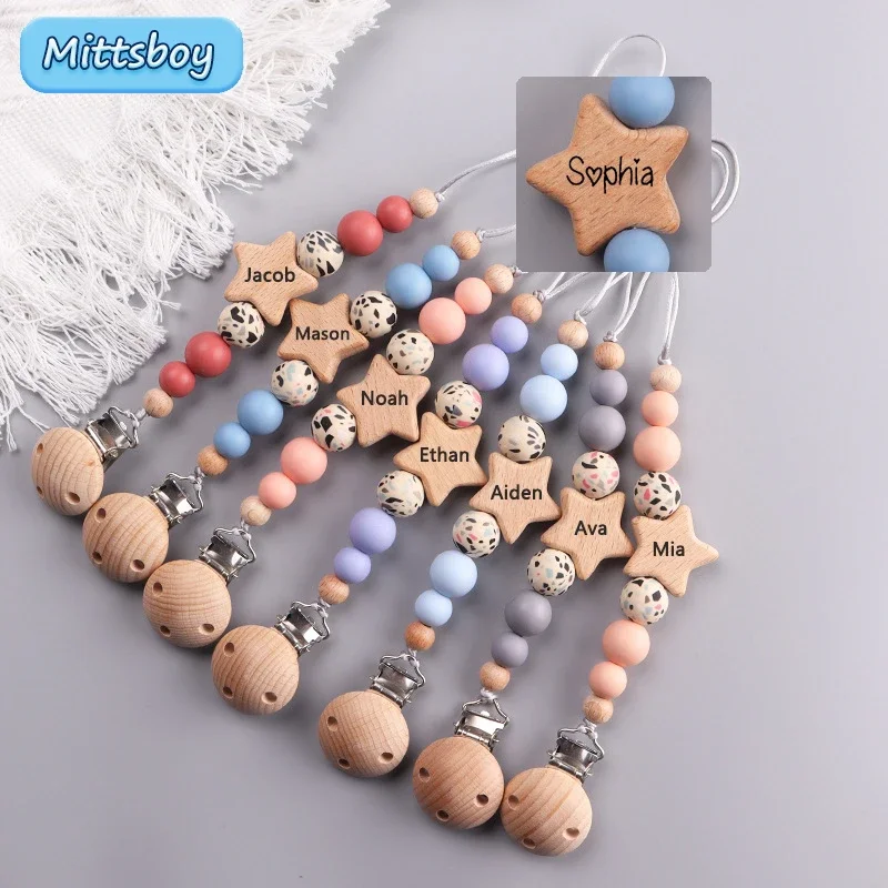 NEW Custom Name Wooden Personalized Baby Pacifier Chain Beech Bead Dummy Nipple Holder Guard Teether Pendant Newborn Mother Gift NEW Custom Name Wooden Personalized Baby Pacifier Chain Beech Bead Dummy Nipple Holder Guard Teether Pendant Newborn Mother Gift