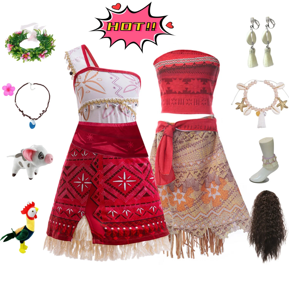 Moana Princess Dress For Girl Fashion Fantasy Carnival Cosplay Costumes Children's Day Party Ball Gown With Pig Chicken Garland Moana Princess Dress For Girl Fashion Fantasy Carnival Cosplay Costumes Children's Day Party Ball Gown With Pig Chicken Garland