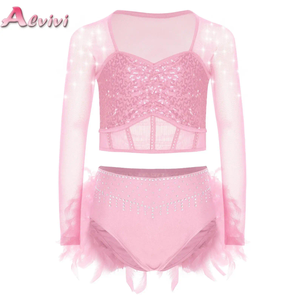 Kids Girls Gymnastics Ballet Dance Performance Outfit Rhinestones Shiny Sequins Crop Top+Feather Skirts Figure Skating Clothes Kids Girls Gymnastics Ballet Dance Performance Outfit Rhinestones Shiny Sequins Crop Top+Feather Skirts Figure Skating Clothes
