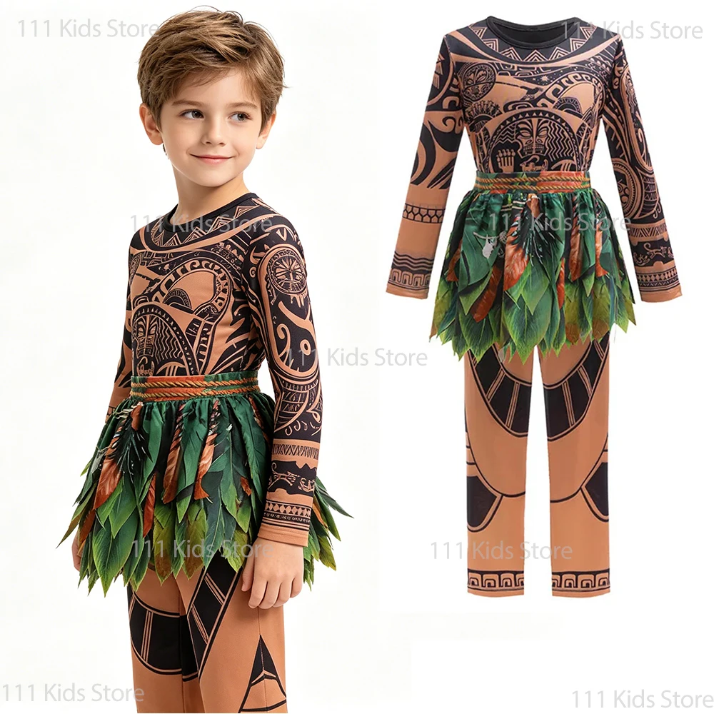 Boys Maui Cosplay Costume Birthday Gift Children's Movie Moana Same primitive tribe Tattoo Print Suit Top And Pants 2Pcs Sets Boys Maui Cosplay Costume Birthday Gift Children's Movie Moana Same primitive tribe Tattoo Print Suit Top And Pants 2Pcs Sets