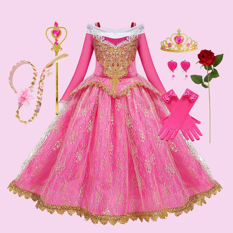 Girls Sleeping Beauty Aurora Princess Halloween Cosplay Dress Off Shoulder Kids Gift Carnival Party Fancy Princess Clothing