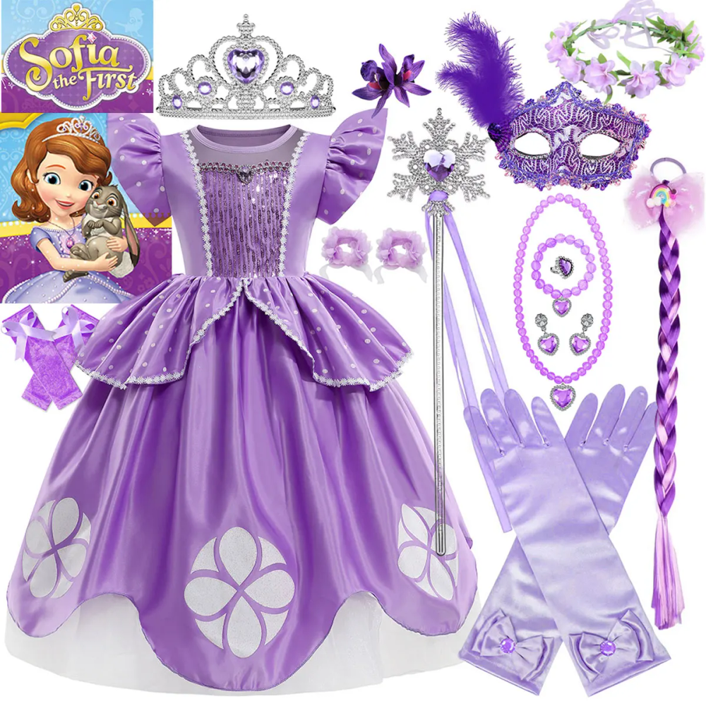 Disney Princess Sofia The First Dress Girls Purple Costume With Tiara Gloves Toddler Birthday Party Sparkly Tulle Ball Outfit