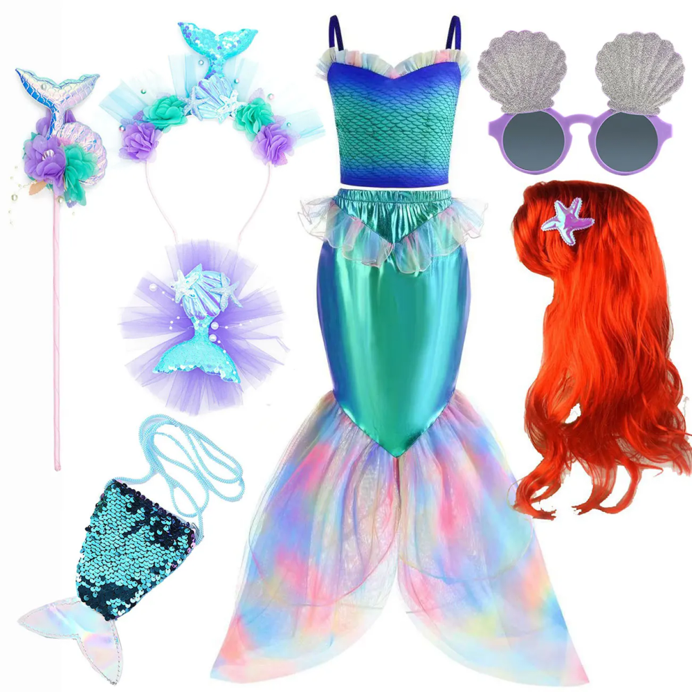 Disney Mermaid Dress Up Costume Girl Ariel Cosplay Birthday Princess Halloween Carnival Party Gown Kid Clothes Summer Beach Sets