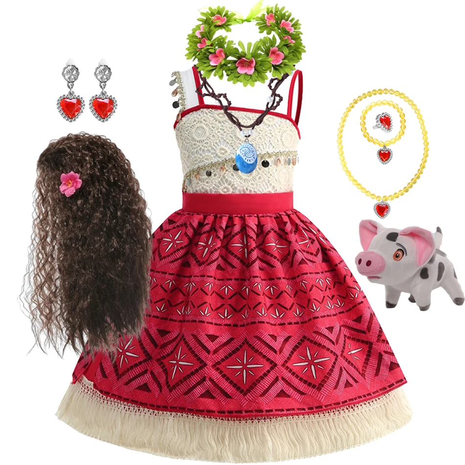 2026 Dress Girls Kids Clothes Cosplay Vaiana Princess Dress Necklace Wig Children Carnival Party Summer Costume Set 2026 Dress Girls Kids Clothes Cosplay Vaiana Princess Dress Necklace Wig Children Carnival Party Summer Costume Set