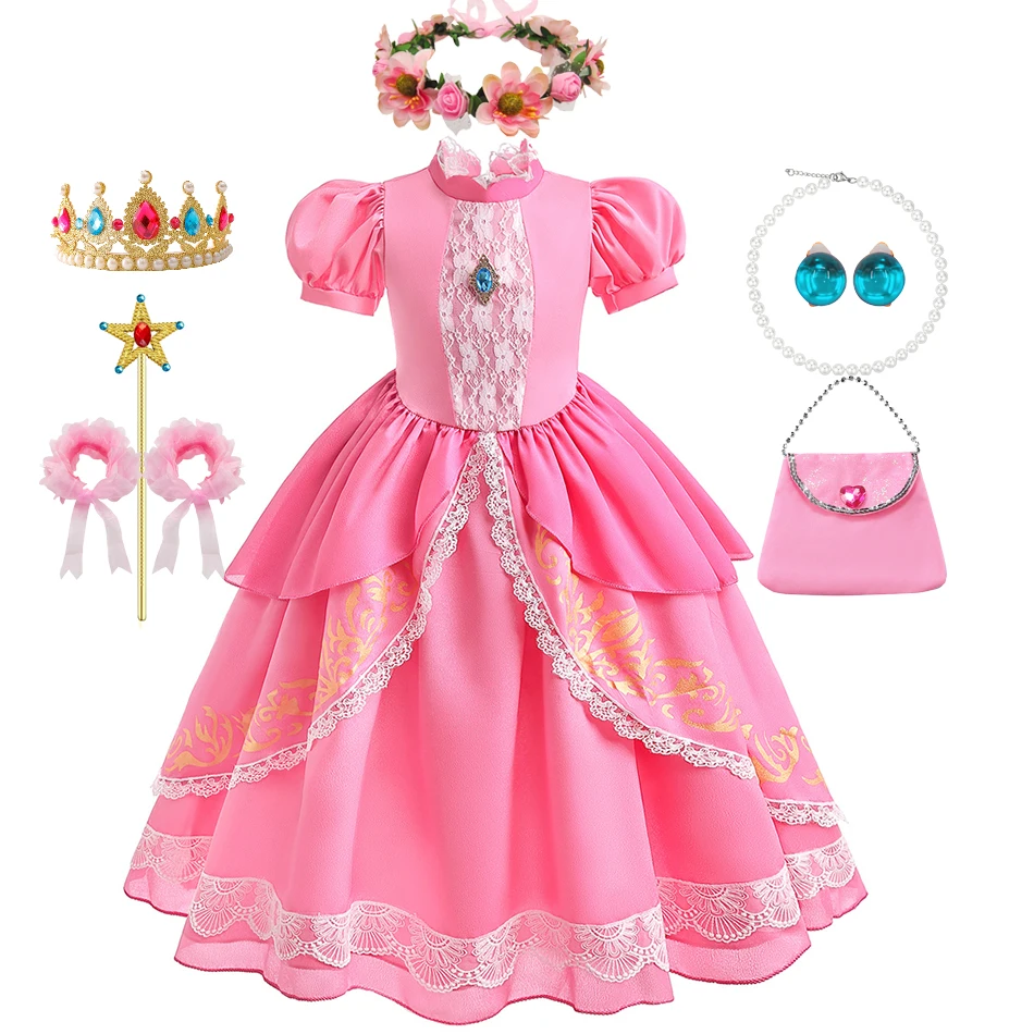 Peach Princess Costume Set for Girls Children Lace Ruffle Dress with Accessories Perfect for Birthday Halloween Cosplay Party