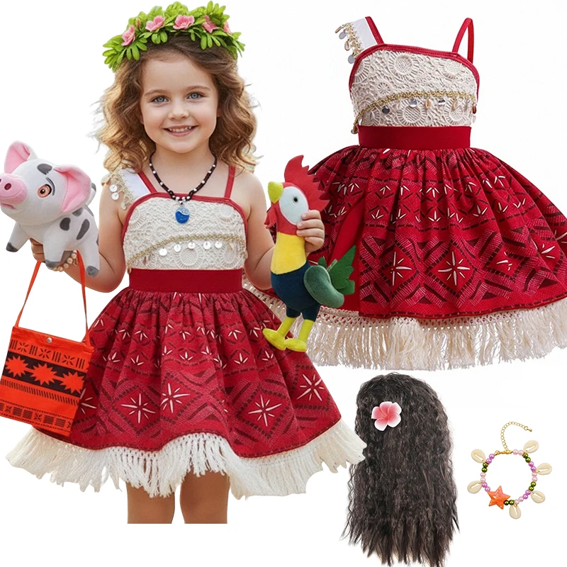 2026 Disney Summer Moana Girls Cosplay Party Dress Children Princess Carnival Christmas Dress With Wig Necklace Chick Outfits 2026 Disney Summer Moana Girls Cosplay Party Dress Children Princess Carnival Christmas Dress With Wig Necklace Chick Outfits