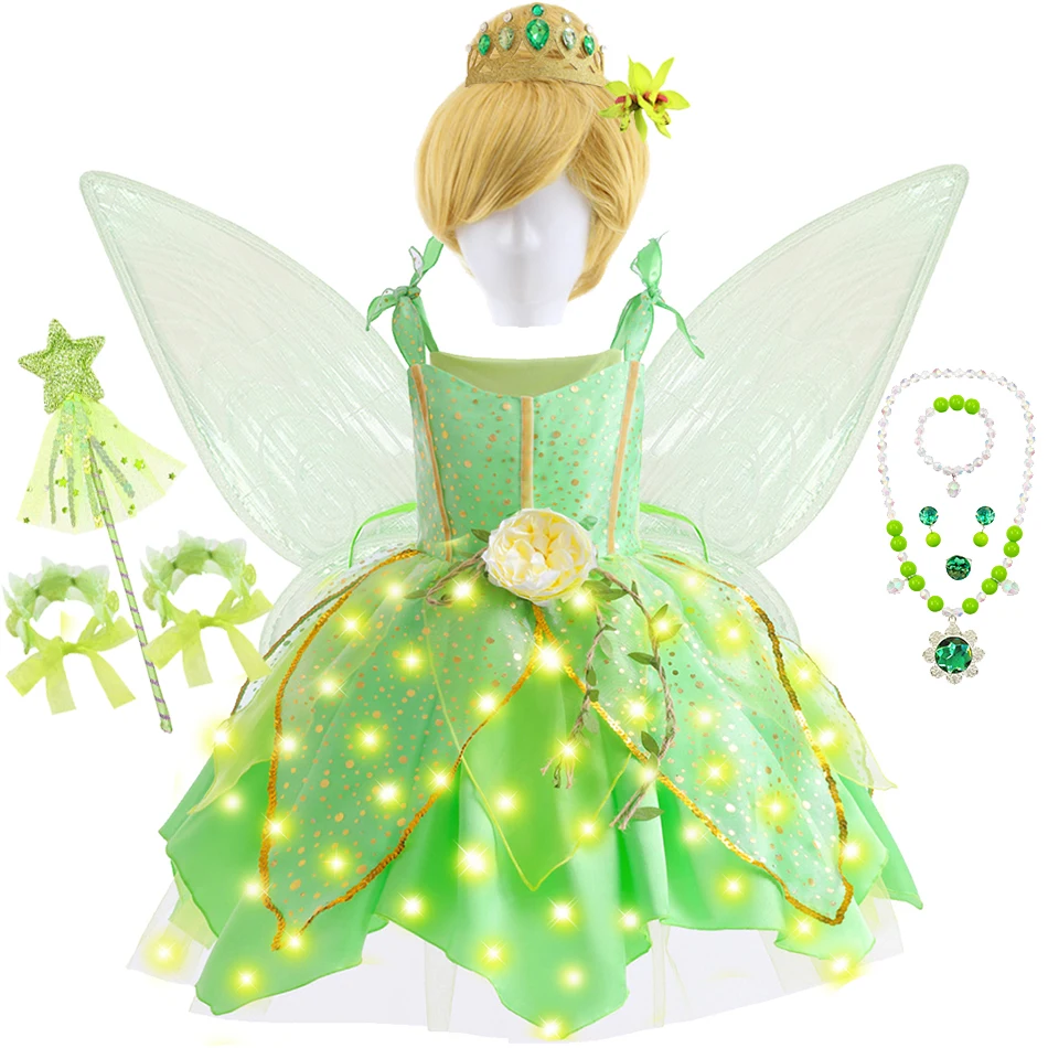 Girls Tinker Bell Dress With Wings Luxury Sequin Green Fairy Costume Halloween Fantasy Cartoon Outfits Green Princess Dress Girls Tinker Bell Dress With Wings Luxury Sequin Green Fairy Costume Halloween Fantasy Cartoon Outfits Green Princess Dress