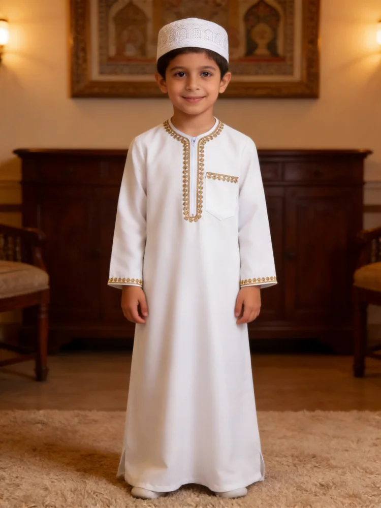 Boys Arabic Thobe White Gold Embroidered Long Sleeve Robe with Kufi Hat Traditional Middle East Dishdasha Kids Elegant Outfit Pe Boys Arabic Thobe White Gold Embroidered Long Sleeve Robe with Kufi Hat Traditional Middle East Dishdasha Kids Elegant Outfit Pe