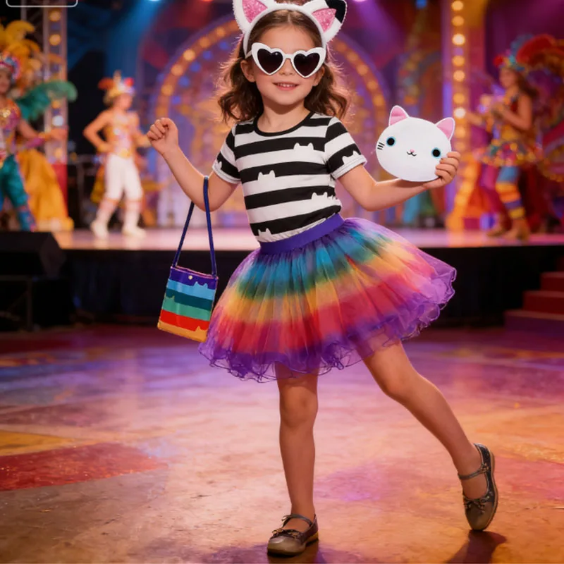 2026 Purim Costume Cartoon Cat Cosplay Outfits Rainbow Top+Tutu Dress+Bag Sets For Children Carnival Birthday Party Girl Costume