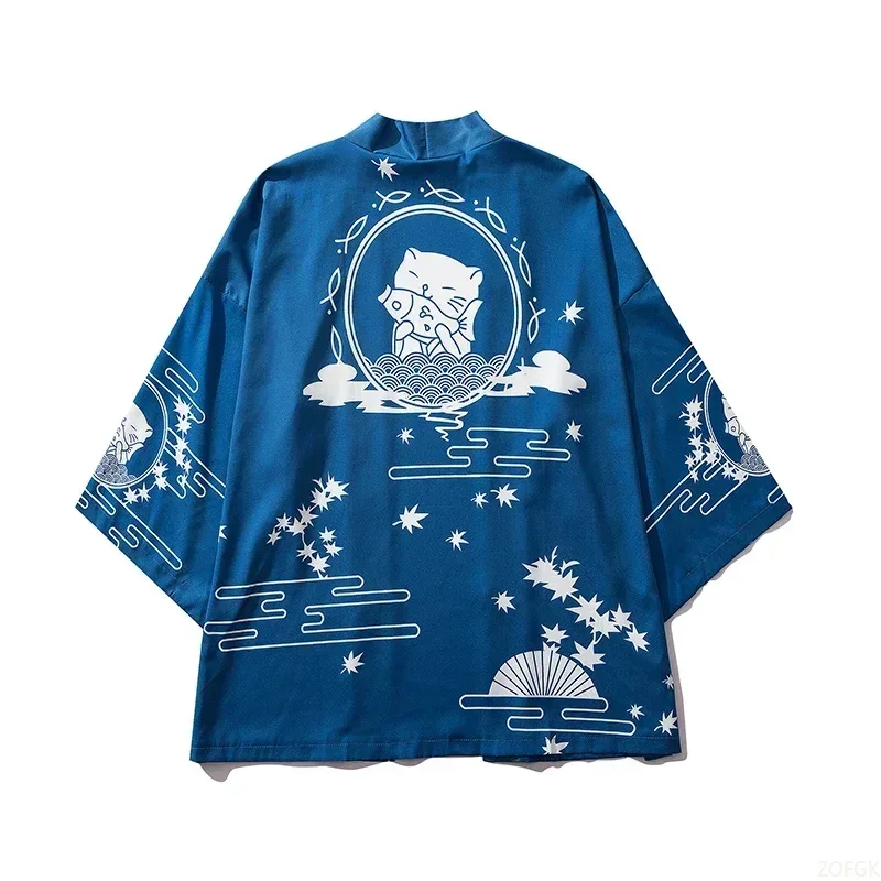Japanese Cat Print Kimono Men's Thin Kimono Japanese Street Wear Blue Casual Kimono Cardigan Japanese Cat Print Kimono Men's Thin Kimono Japanese Street Wear Blue Casual Kimono Cardigan