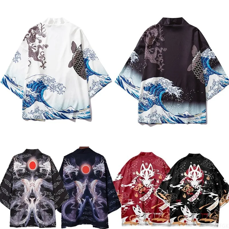 Chinese Style Harajuku Haori Printed Cape Kimono with Open Collar for Men and Women, Loose Wave Carpet Printed Cape
