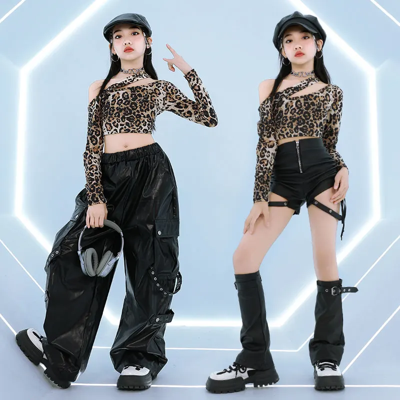 Children Performance Ballroom Dance Clothes Girls Leopard T-shirt Leather Bottom Dance Costume Suit Kids Fashion Hip Hop Uniform Children Performance Ballroom Dance Clothes Girls Leopard T-shirt Leather Bottom Dance Costume Suit Kids Fashion Hip Hop Uniform