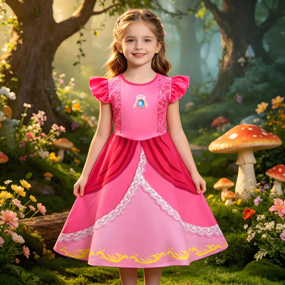 2026 New Summer Cute Pink Princess Peach Short Sleeves Dress Girls Cosplay Peach Halloween Festival Birthday Party Dress 2-10T 2026 New Summer Cute Pink Princess Peach Short Sleeves Dress Girls Cosplay Peach Halloween Festival Birthday Party Dress 2-10T