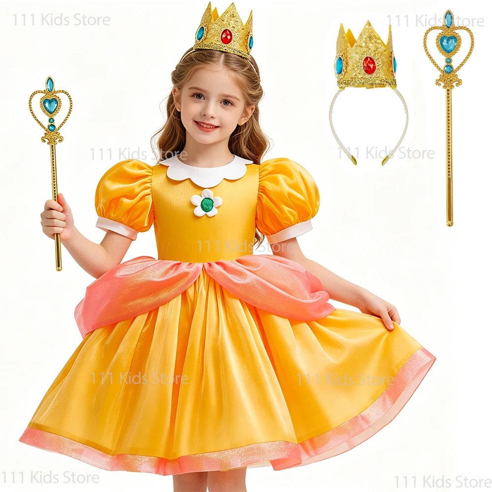 Girls Summer Princess Dress New Movie Superbro Cosplay Performance Princess Daisy Costume with Accessory Children Birthday Gift Girls Summer Princess Dress New Movie Superbro Cosplay Performance Princess Daisy Costume with Accessory Children Birthday Gift