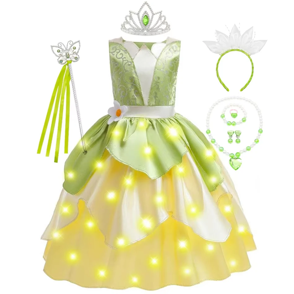 Classic Girls Fairy Tale Tiana Cosplay Costumes Elegant Green Princess Dress Carnival Birthday Party Summer Sleeveless Vestidos Classic Girls Fairy Tale Tiana Cosplay Costumes Elegant Green Princess Dress Carnival Birthday Party Summer Sleeveless Vestidos