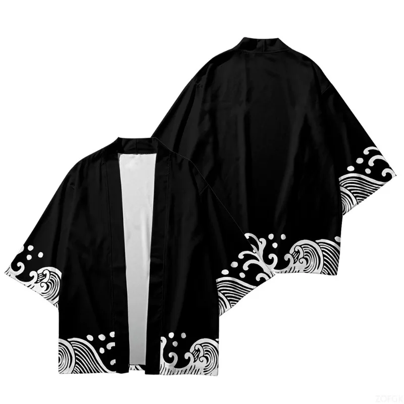 2025 Summer Style Wave Printed Kimono Men's Open Collar Role Playing Streetwear Black Top 2025 Summer Style Wave Printed Kimono Men's Open Collar Role Playing Streetwear Black Top