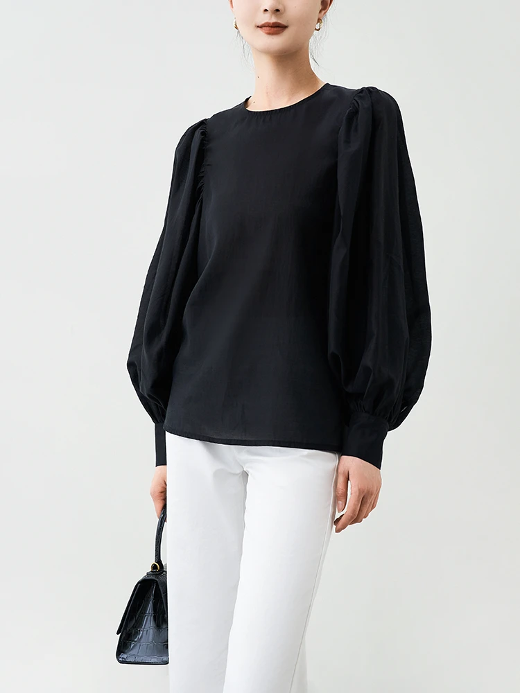 Spring Rayon Feminine Round Neck Shirts Long Sleeves Loose Versatile Lightweight Temperament Solid One Buckle On The Back Tops Spring Rayon Feminine Round Neck Shirts Long Sleeves Loose Versatile Lightweight Temperament Solid One Buckle On The Back Tops