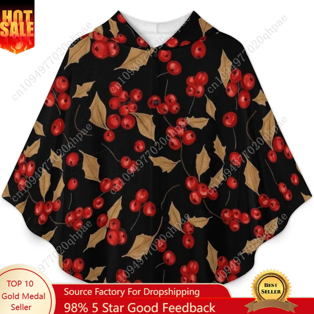 Cozy Flannel Blanket Sweater,Red Berries Black Oversized Hoodie With Pockets For Kids And Teenagers Cozy Flannel Blanket Sweater,Red Berries Black Oversized Hoodie With Pockets For Kids And Teenagers