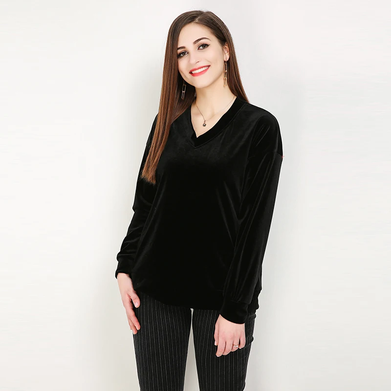 2026 Autumn Women Long Sleeve black Pullover velvet blouse office lady Tops Spring Korean velour shirts plus size T-shirts 2026 Autumn Women Long Sleeve black Pullover velvet blouse office lady Tops Spring Korean velour shirts plus size T-shirts