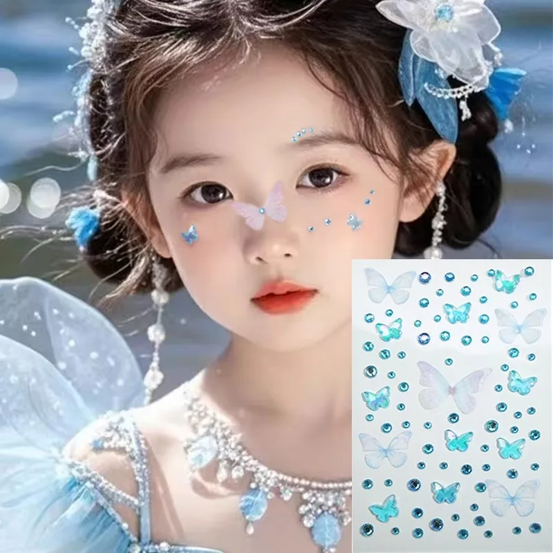 Girls Stage Face Decals Tulle Butterfly Rhinestone Sparkle Waterproof Self Adhesive Premium for Children Party Makeup Girls Stage Face Decals Tulle Butterfly Rhinestone Sparkle Waterproof Self Adhesive Premium for Children Party Makeup