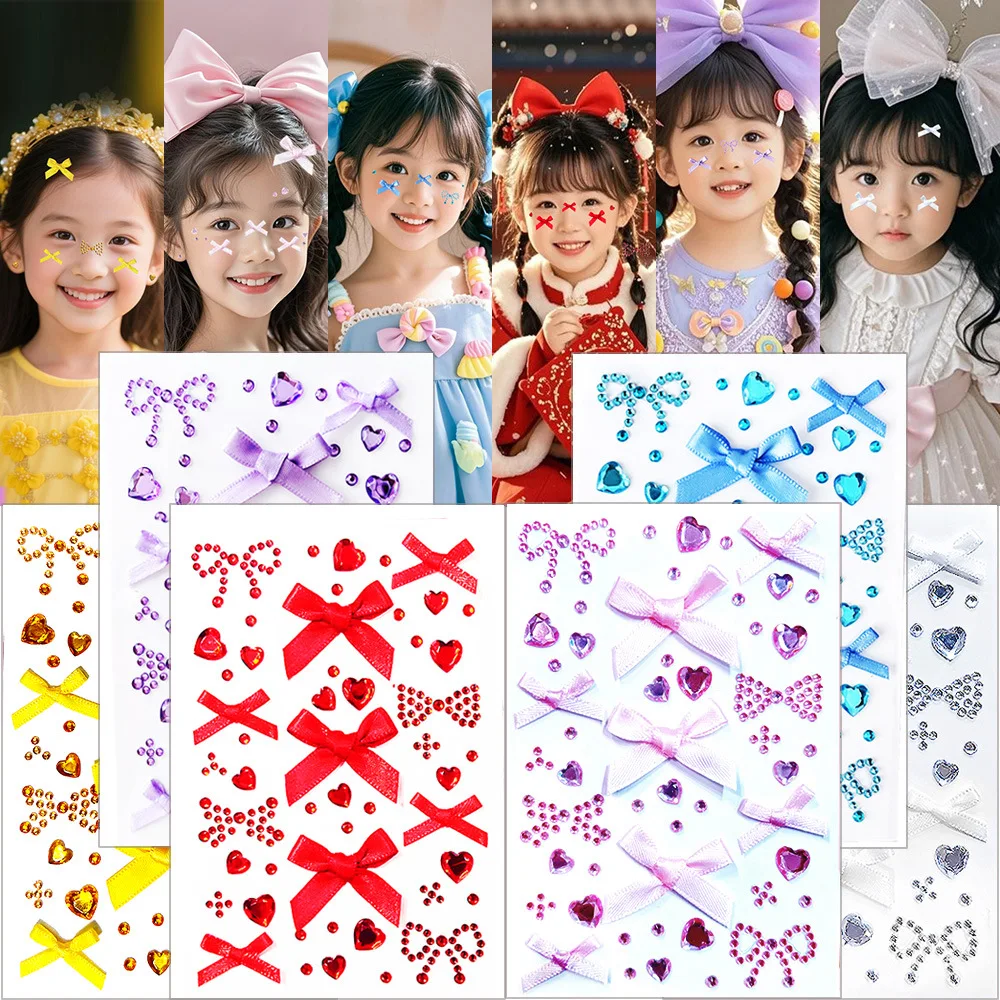 Face Stickers Pink Bow Rhinestone Diamond Shiny Waterproof Self Adhesive for Concert Fan Support Makeup