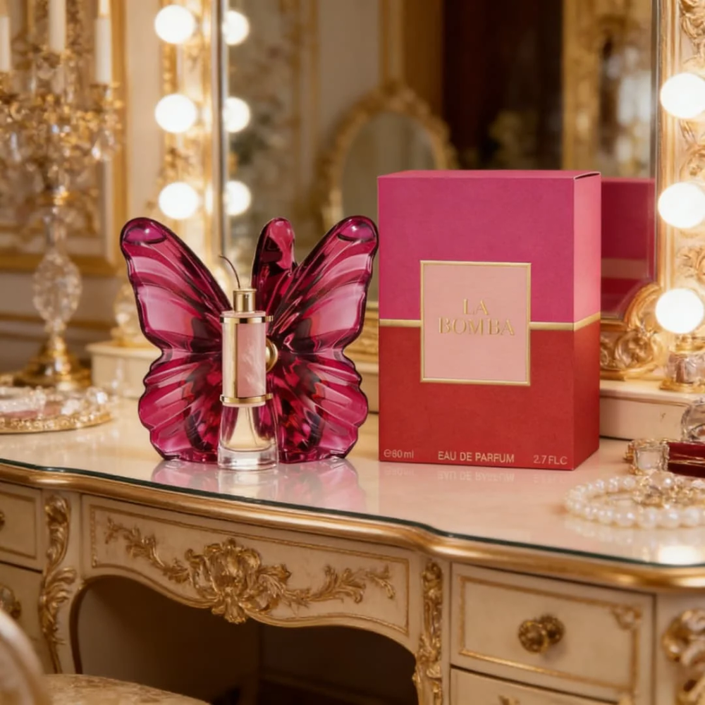 La Bomba Womens EDP | Magenta butterfly bottle, rich floral-fruity notes, glamorous vibe La Bomba Womens EDP | Magenta butterfly bottle, rich floral-fruity notes, glamorous vibe