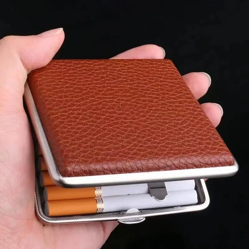 Metal Cigarette Case 20pcs Leather Pattern Portable Slim Smoking Box with Elastic Clip Anti-Pressure Durable Design for Men Metal Cigarette Case 20pcs Leather Pattern Portable Slim Smoking Box with Elastic Clip Anti-Pressure Durable Design for Men