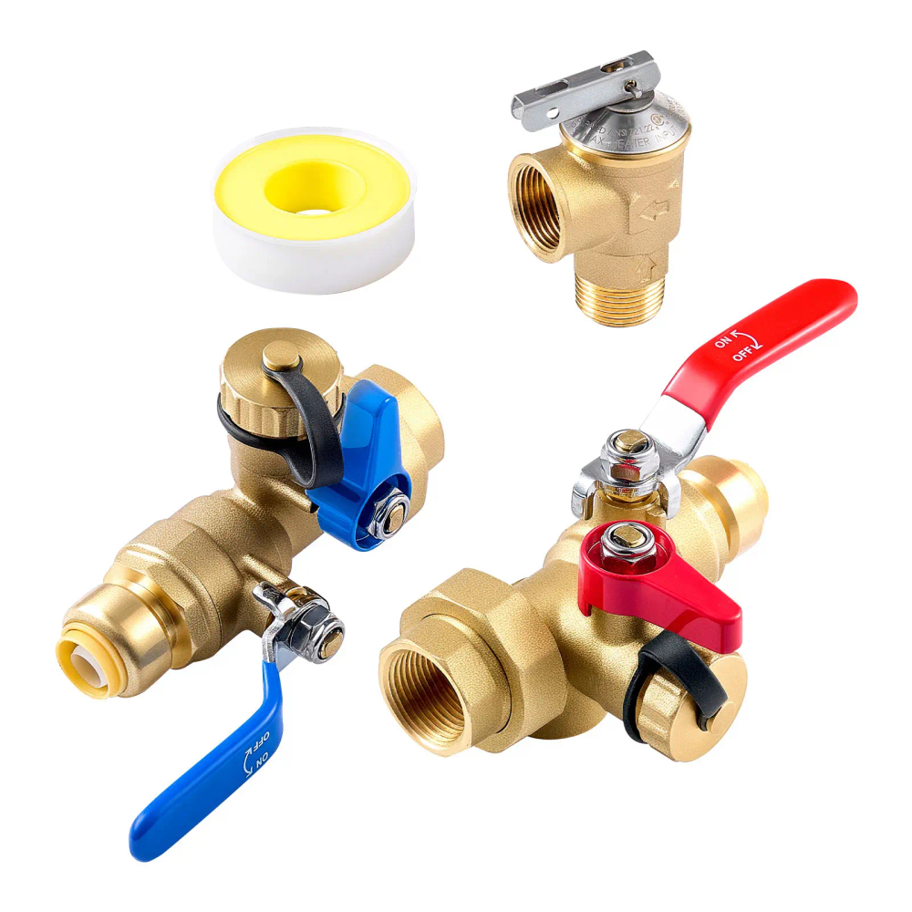 SucceBuy Water Heater Kit 3/4 Inch Tankless Service Valve Kit with PTC Isolation Valves Pressure Relief Valve Lead-Free Brass