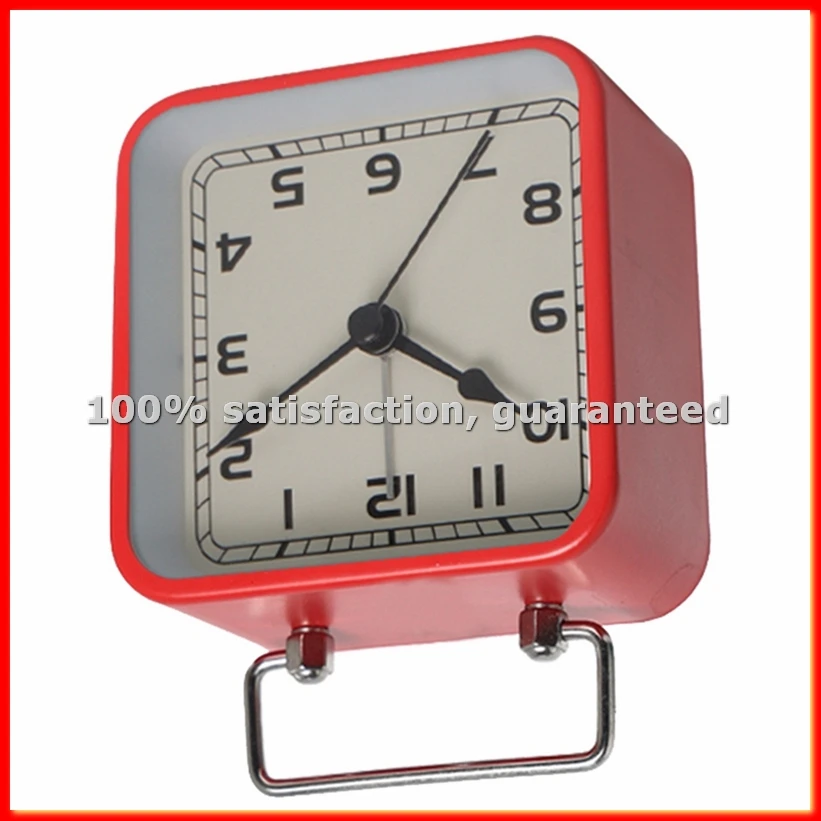 Small Metal Square Alarm Clock Desktop Silent Clock Students Sleep Quartz Watch Clock Red-ABAM