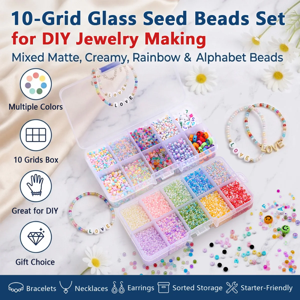 2mm 3mm Glass Seed Beads Kit with 10 Grid Organizer Box, Matte/Creamy/Rainbow Seed Beads & Alphabet Beads for DIY Jewelry Making 2mm 3mm Glass Seed Beads Kit with 10 Grid Organizer Box, Matte/Creamy/Rainbow Seed Beads & Alphabet Beads for DIY Jewelry Making