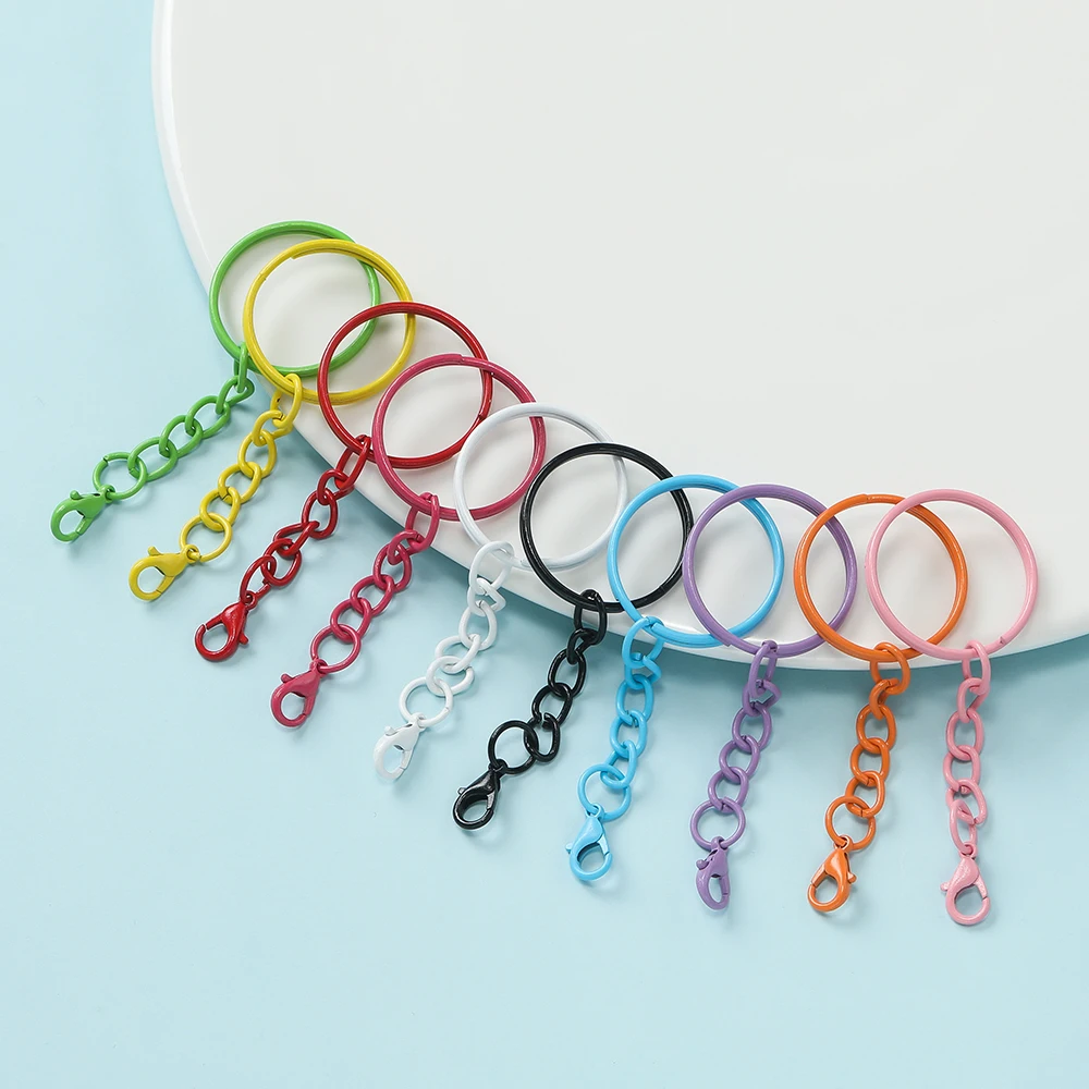 5pcs/Lot 25mm Colored Split Rings Keyfob Charm Key With Chains Lobster Clasps for Keychain Pendant DIY Jewelry Making Accessorie 5pcs/Lot 25mm Colored Split Rings Keyfob Charm Key With Chains Lobster Clasps for Keychain Pendant DIY Jewelry Making Accessorie