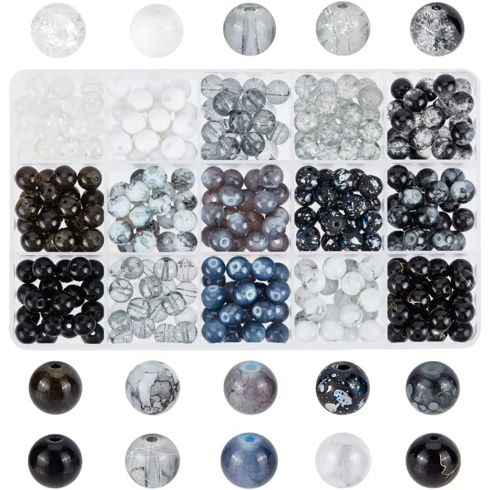 300pcs 8mm Black Glass Beads 15 Color Bracelet Beads Marble Loose Beads Crackle Baking Painted Bead Spacers for Men making kit 300pcs 8mm Black Glass Beads 15 Color Bracelet Beads Marble Loose Beads Crackle Baking Painted Bead Spacers for Men making kit