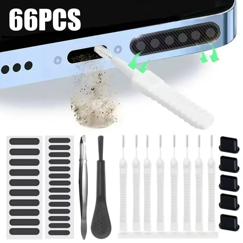 66pcs Phone Charging Port Cleaner Kit Earphones Cleaner Kit Brush Speaker Dust Plug Mesh Cleaning Tools For iPhone/Xiaomi/Huawei