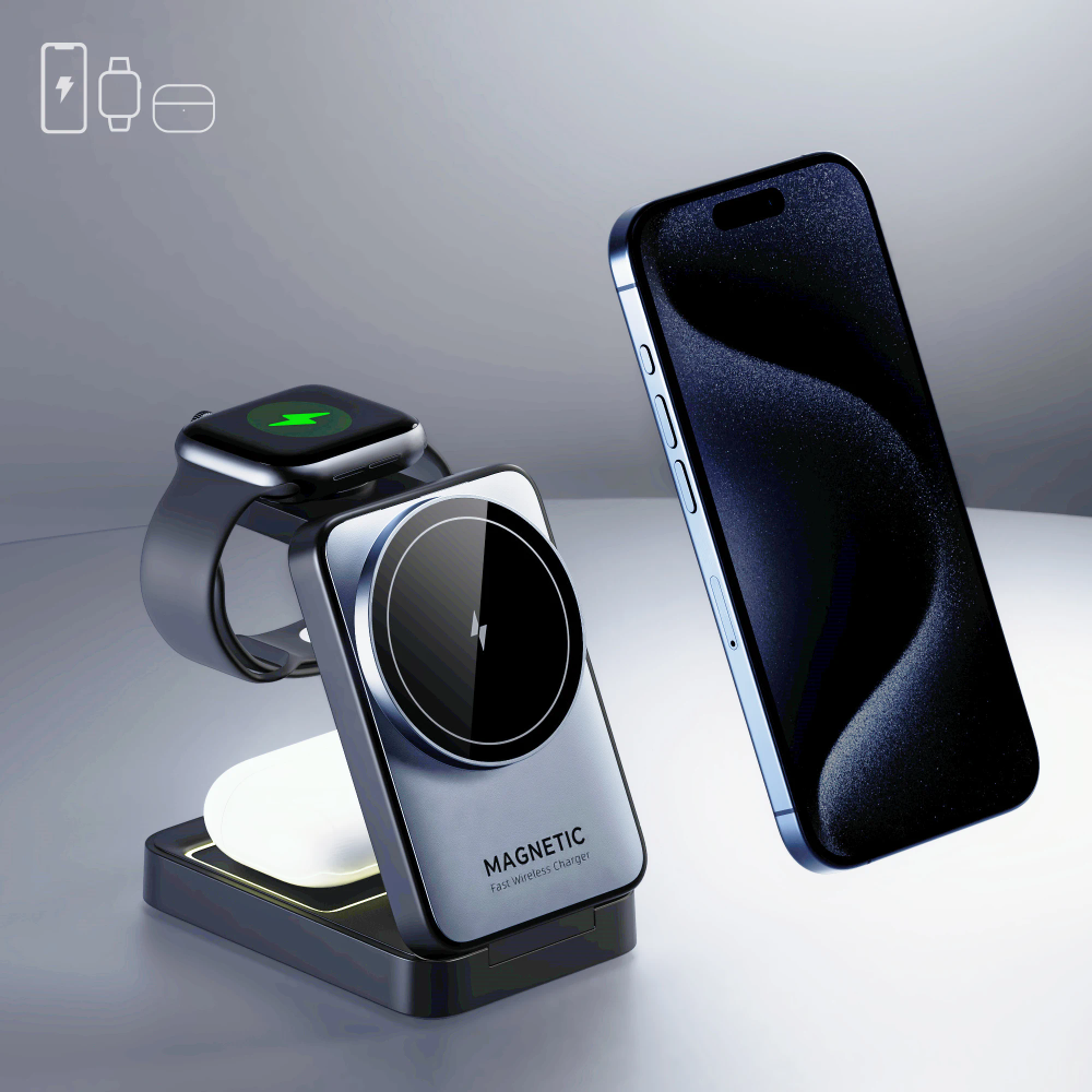Folding 3 in 1 Magnetic Wireless Charger Travel Foldable Charger Stand Compatible with IPhone 16/15/14/13/12,Apple Watch&AirPods