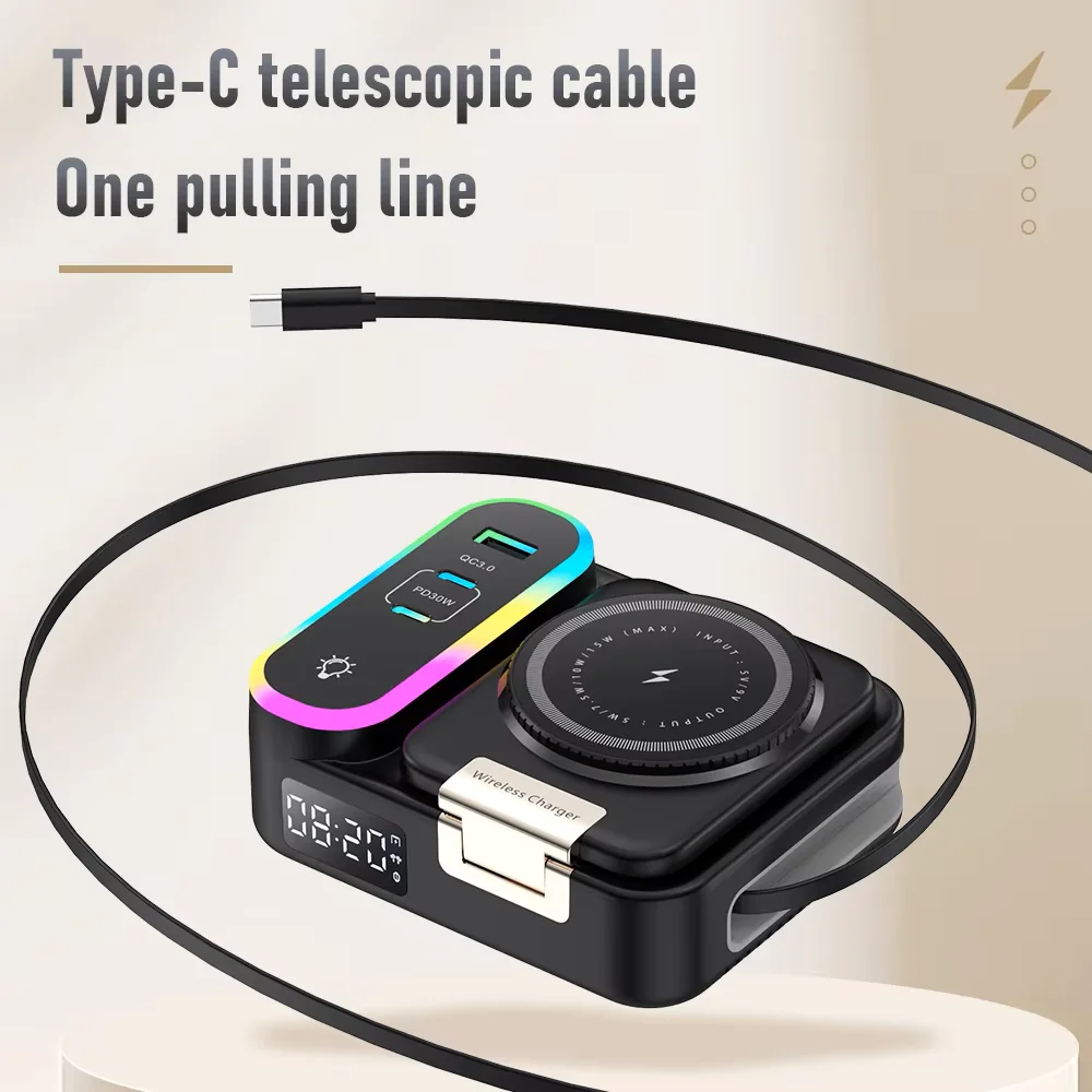 Sale 15W Wireless Fast Charging Versatile Magnetic Wireless Charger With Retractable Cable Digital Clock and Folding Stand
