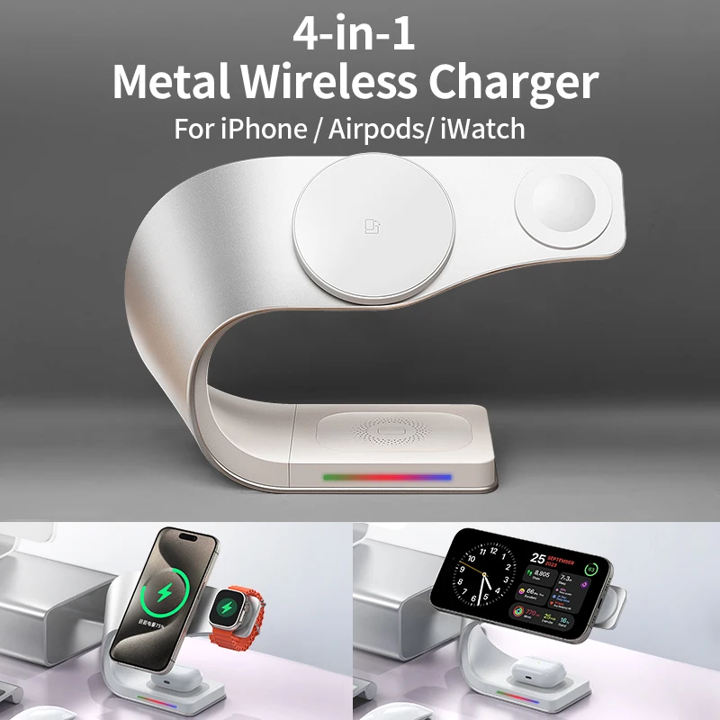Metal Shell 4 in 1 Wireless Charger for iPhone 16 15 14 13 12 Magnetic Fast Charging Station Stand Dock for Apple Airpods Watch