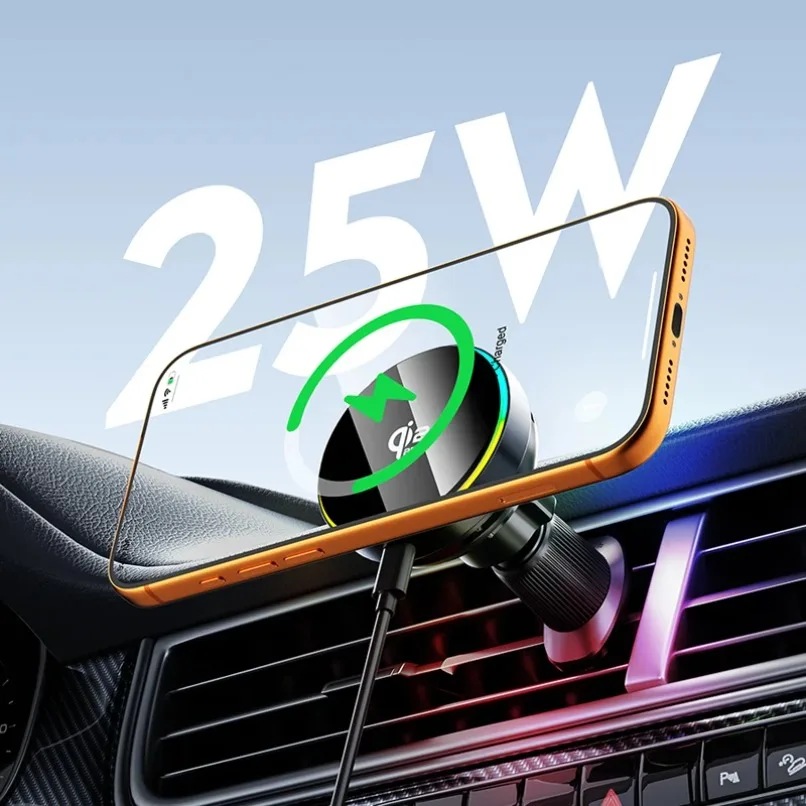 Qi2 25W Magnetic Wireless Car Charger Mount for MagSafe iPhone 17 16 15 14 13 12 Pro Max RGB Light Air Vent Holder Fast Charging Qi2 25W Magnetic Wireless Car Charger Mount for MagSafe iPhone 17 16 15 14 13 12 Pro Max RGB Light Air Vent Holder Fast Charging