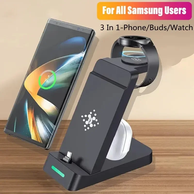 3 In 1 Charging Station for Samsung S24 S23 S22 Note Z Fold Fast Wireless Charger Stand for Galaxy Watch 5 4 3 Activer 2/1 Buds