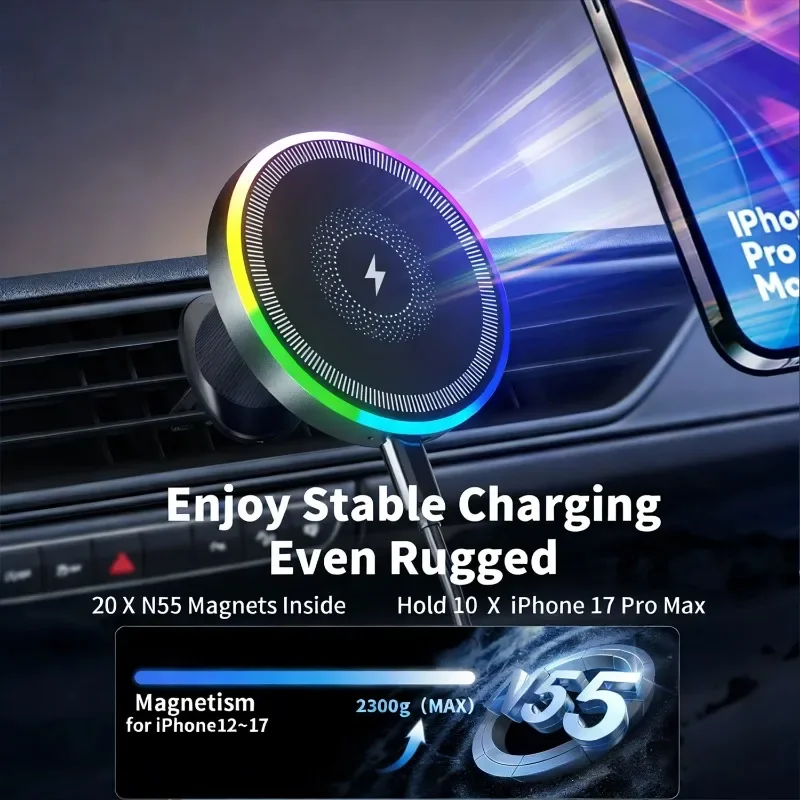 Magnetic Wireless Car Charger Mount Phone Fast Charging RGB Car Phone Holder with Strong Magnet for iPhone 17 16 15 14 Pro Max