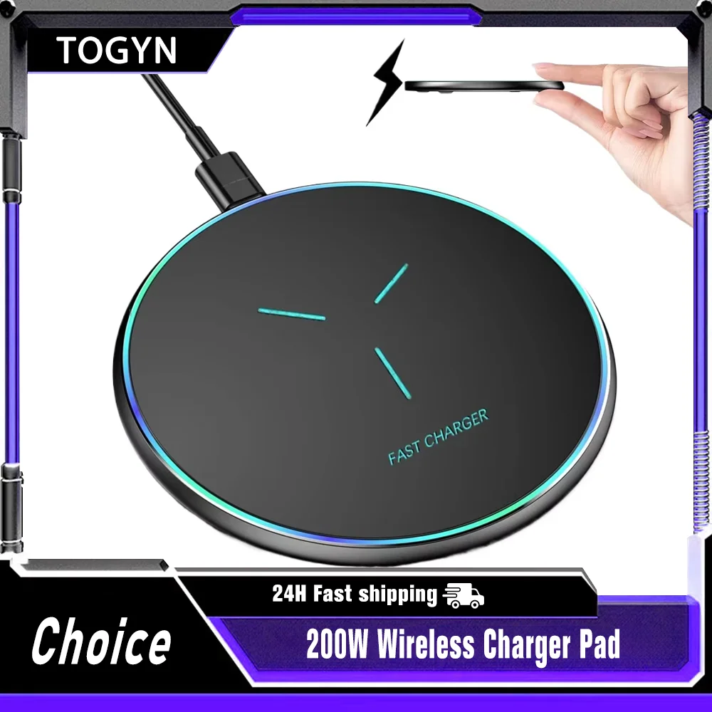 200W Wireless Charger Pad LED Light Fast Wireless Charging Induction Holder For iPhone 12 13 14 15 16 17 Pro Max Samsung Xiaomi