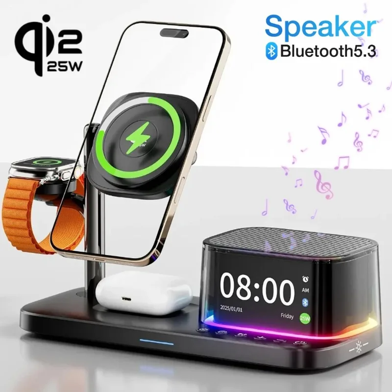 Bluetooth 5.3 Speaker Qi2.2 25W Magnetic Fast Wireless Charger with Alarm Clock For iPhone 17-12 Pro Max Apple Watch Airpods